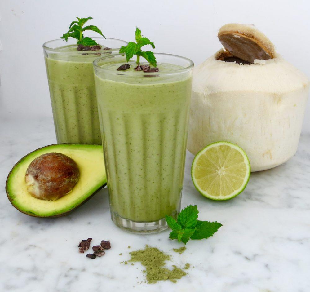 Creamy Mint Matcha Green Tea Avocado Milkshake with Young Coconut